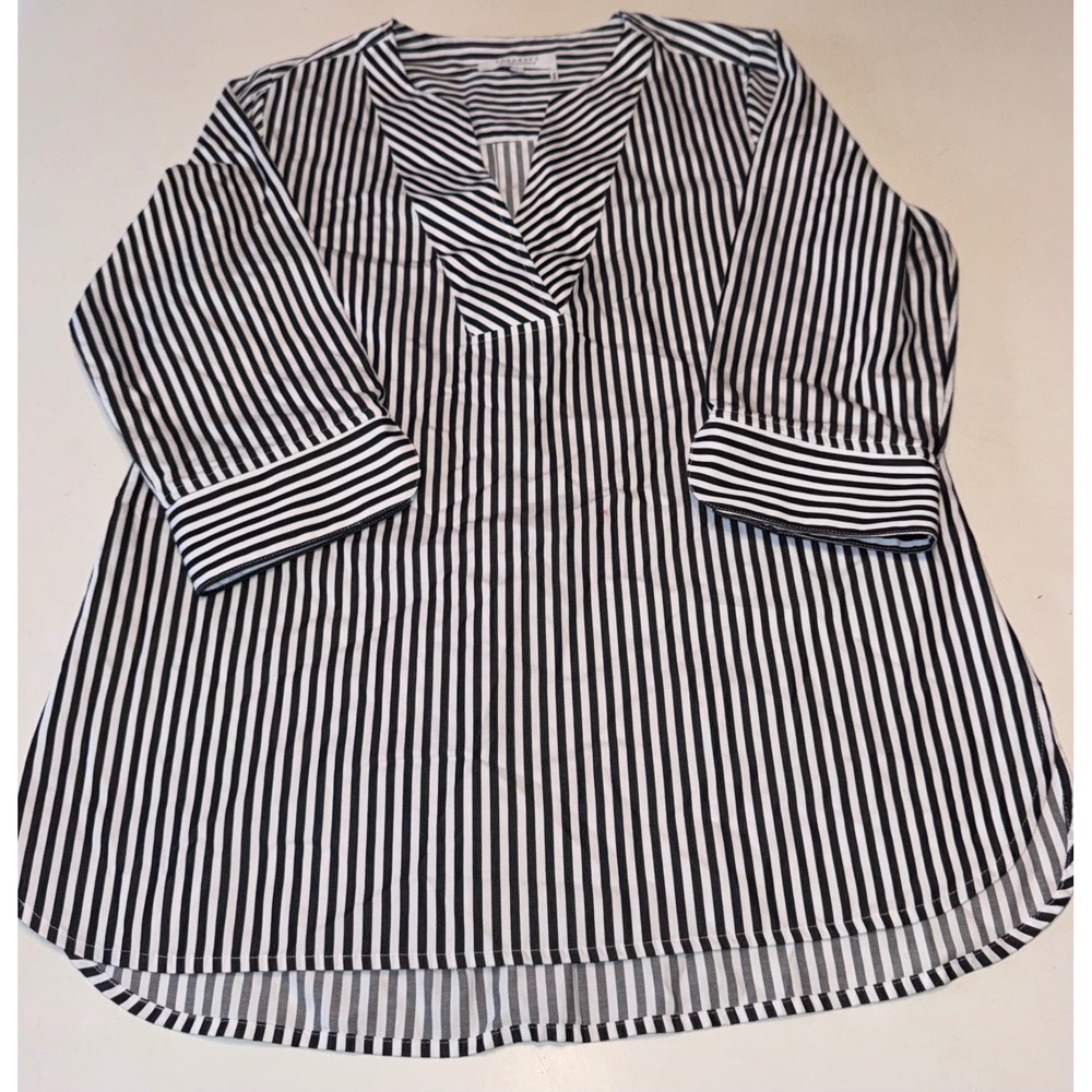 Foxcroft for Appleseeds Womens 10 Tunic Top Black White Striped V-Neck Blouse